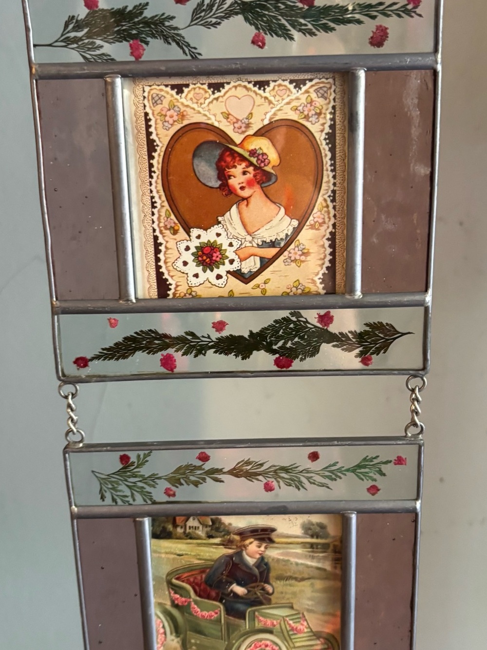 Vintage-Style Decorative Hanging stained glass Panel with Pink and Green Accents